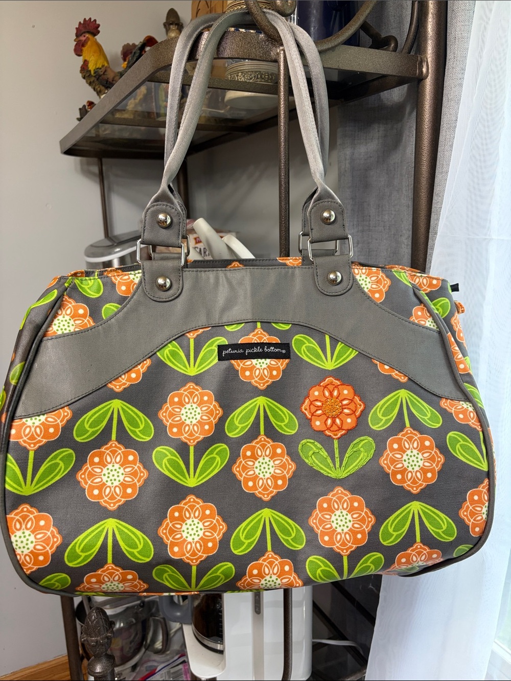 Petunia Pickle Bottom Gray Tote with Orange Floral & Lime Green Leaves